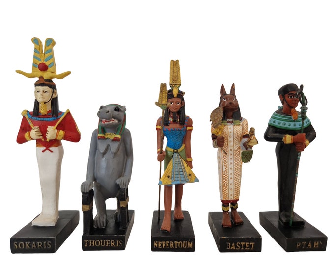 Vintage Egyptian God Figurines, Set of 5 with Sokaris, Thoueris, Nefertoum, Bastet, Ptah, Ancient Egypt Mythology Hachette Collection