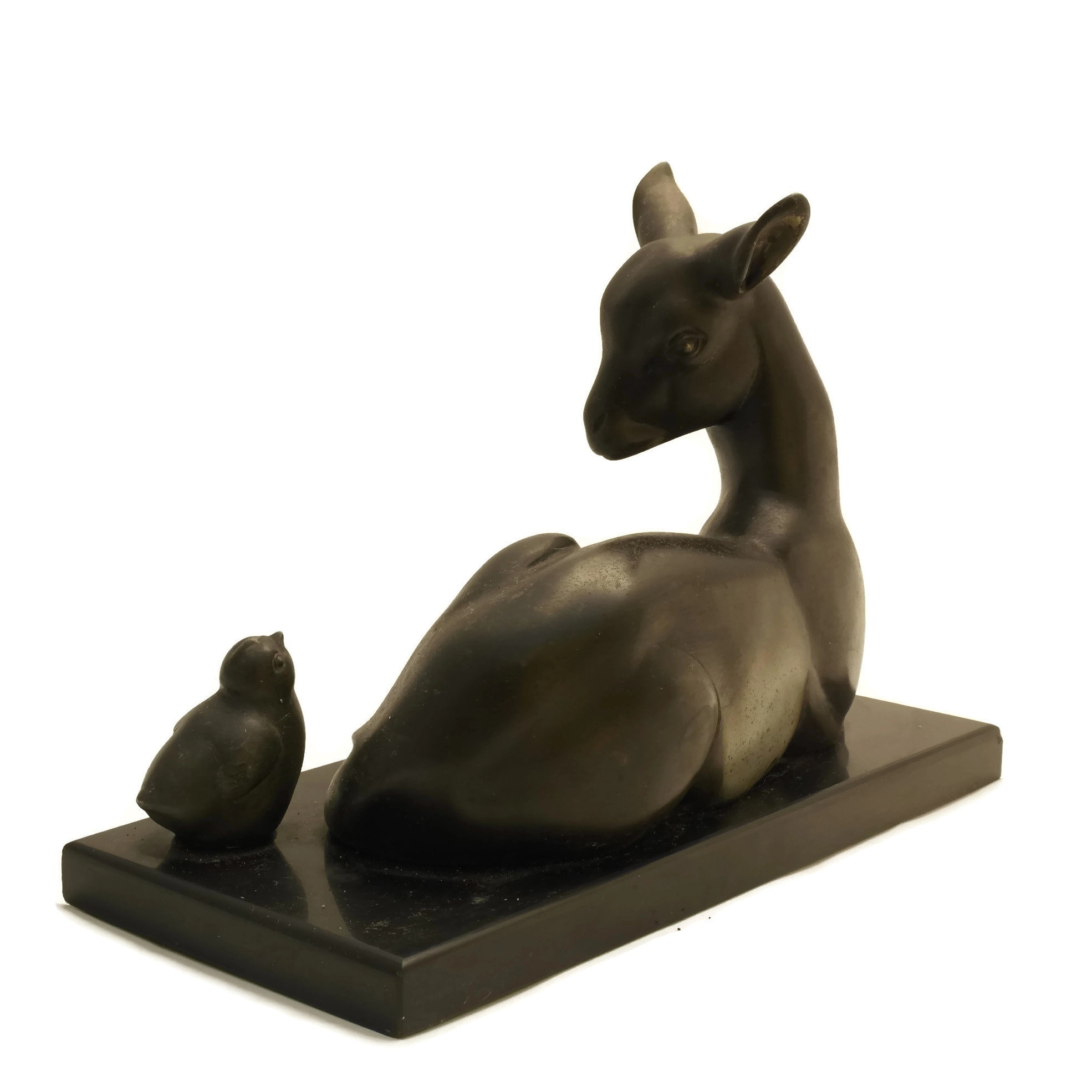 French Art Deco Animal Statue with Lamb and Chick Figurines. Newborn