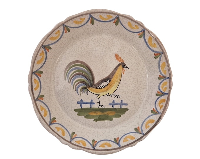 Hand Painted French Ironstone Rooster Plate, Rustic Cottage Core Decor