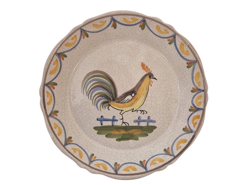 Hand Painted French Ironstone Rooster Plate, Rustic Cottage Core Decor