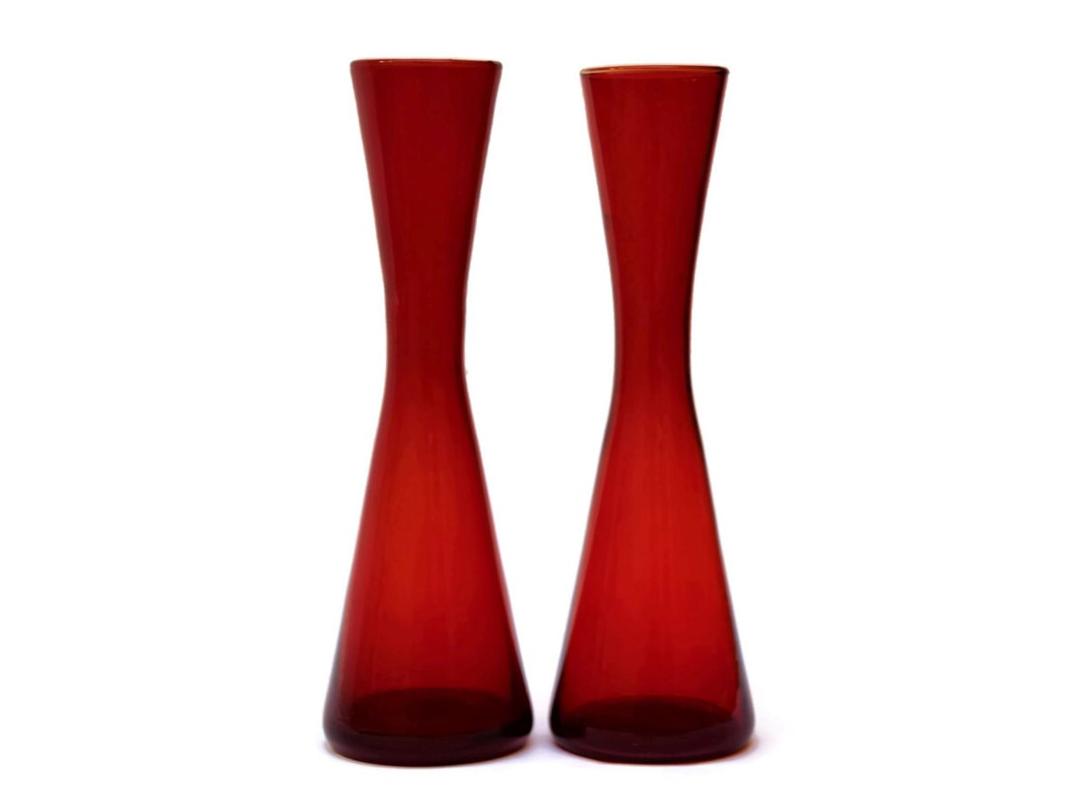 Pair of Ruby Red Mid Century Glass Vases. Red Glass Waisted Vases.