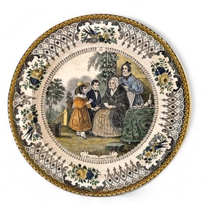 Antique French Transferware Plate with Victorian Grandmother, Gift for Grandma