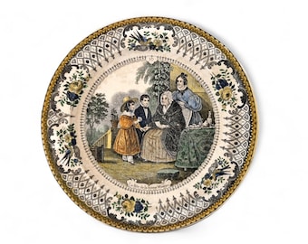 Assiette en transfert antique, France avec grand-mère victorienne, cadeau pour grand-mère