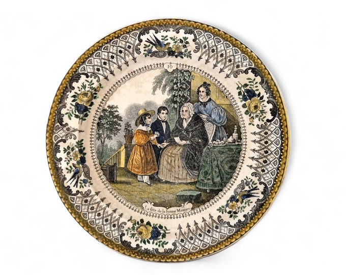 Antique French Transferware Plate with Victorian Grandmother, Gift for Grandma