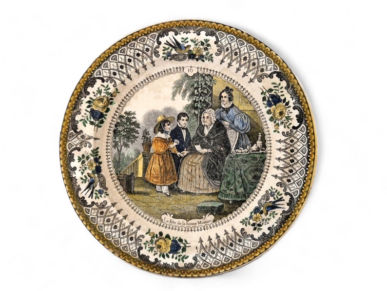 Antique French Transferware Plate with Victorian Grandmother, Gift for Grandma