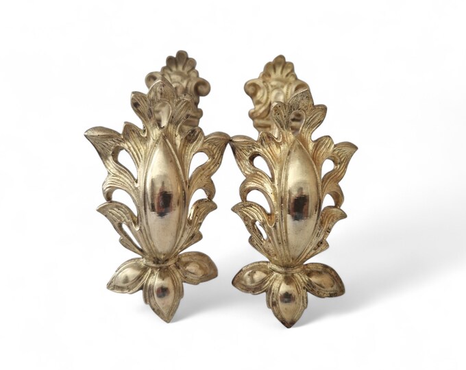 Pair of Antique French Gilt Bronze Curtain Tie Backs with Fleur de Lys, Ormolu Curtain Hold Backs