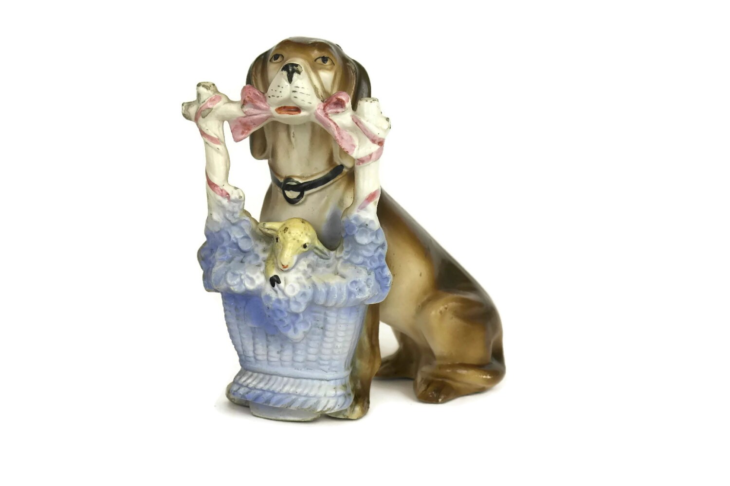 Antique German Ceramic Porcelain Dog Figurine with Lamb in Basket.