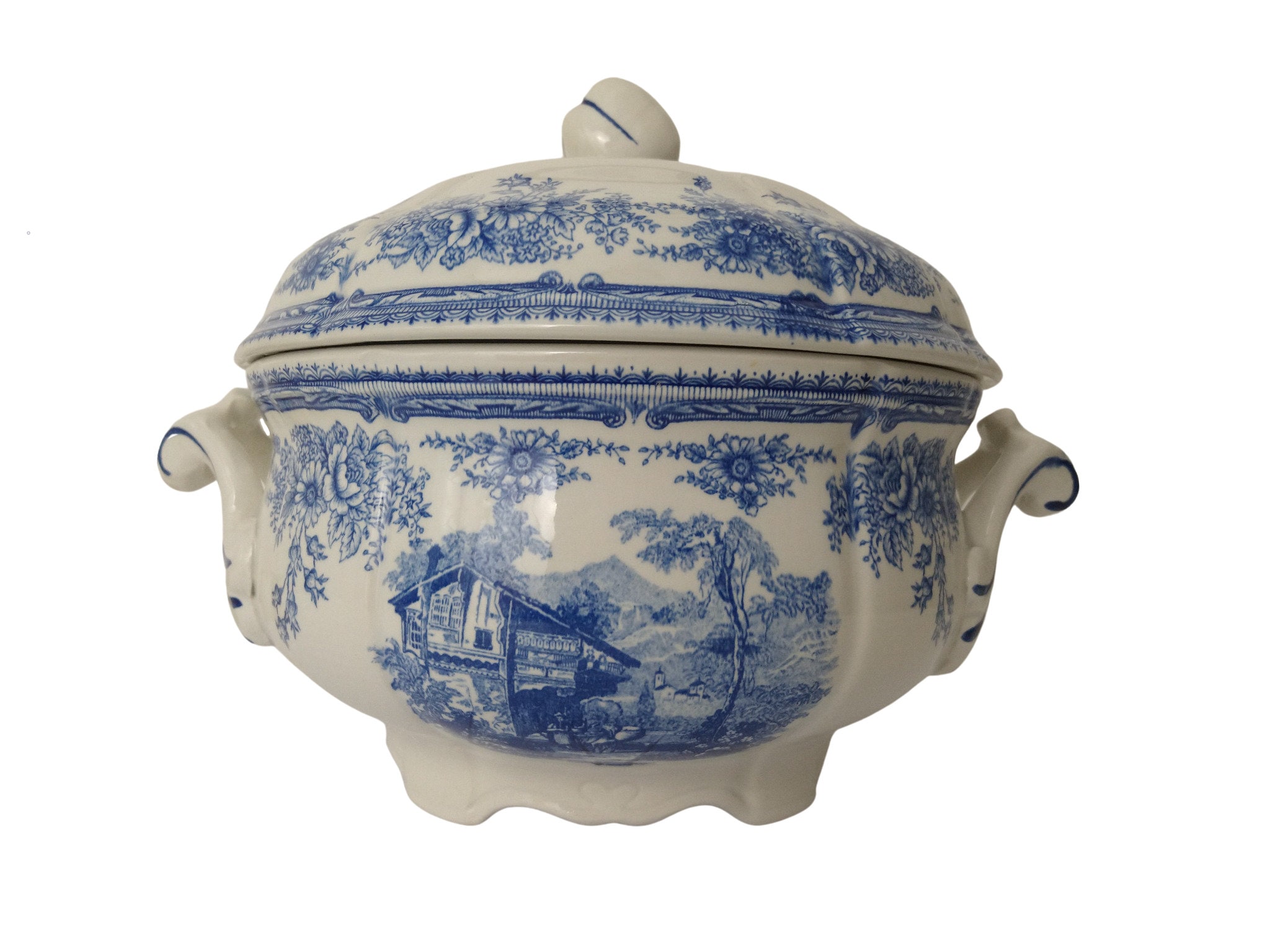 French Blue Transferware Soup Tureen by Luneville in The Cottage