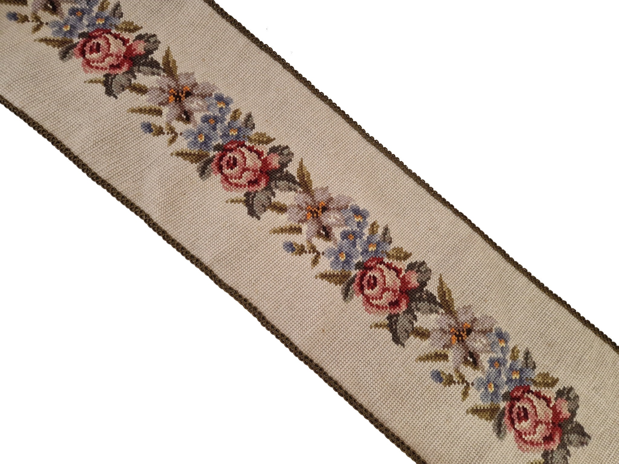 French Rose Tapestry Bell Pull, Vintage Needlework Flower Wall Hanging