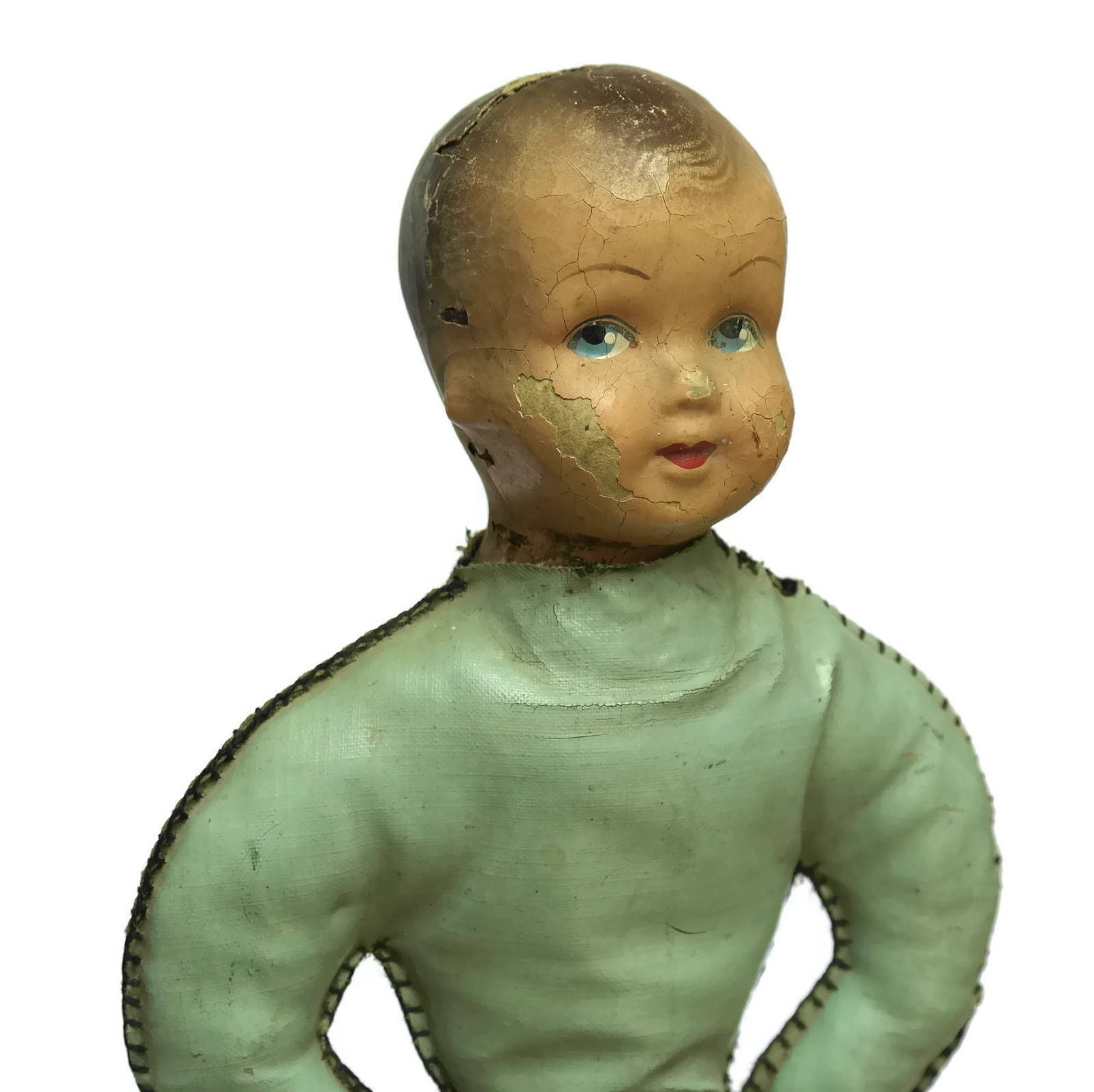 French Vintage Oil Cloth Boy Doll Riding on Horse.