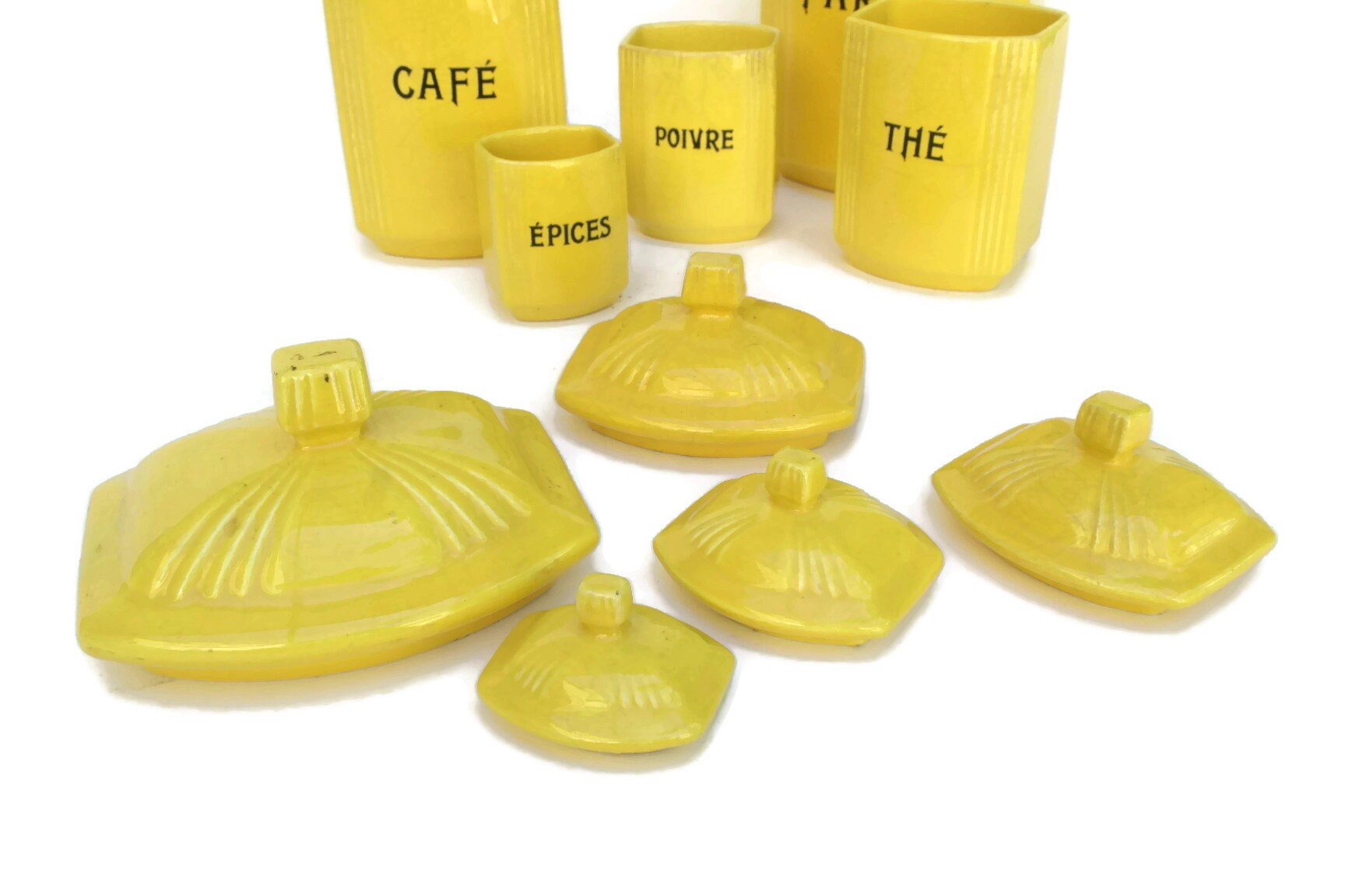 Vintage French Yellow Kitchen Canister Set.