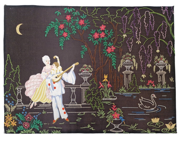 Art Deco Embroidery and Hand Painted Fabric Wall Hanging with French Pierrot and Marquise in Moonlight Flower Garden with Swan