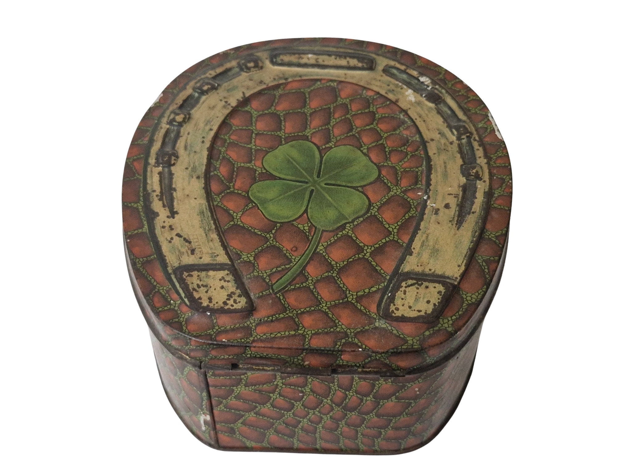Antique Lucky Horseshoe Candy Tin Box with Four Leaf Clover