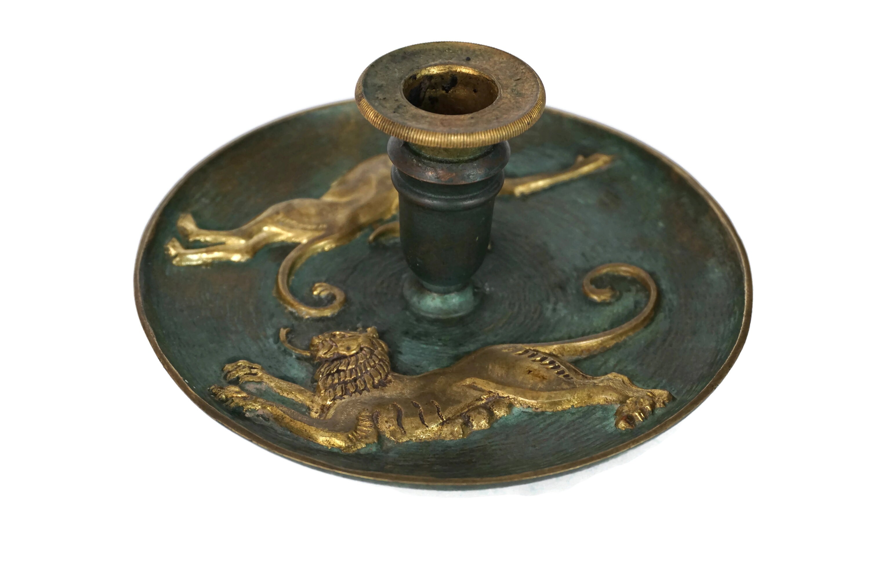 French Brass Candlestick Holder with Lion and Antelope Figures, Candle