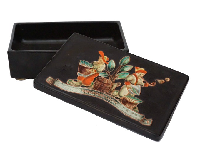 Mid Century Pottery Cigarette Holder Box by Karlsruhe Majolica, Vintage German Ceramic Smoking Collectible