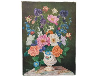 French Vase of Flowers Still Life Painting on Canvas, 20th Century Naïve Floral Bouquet Art