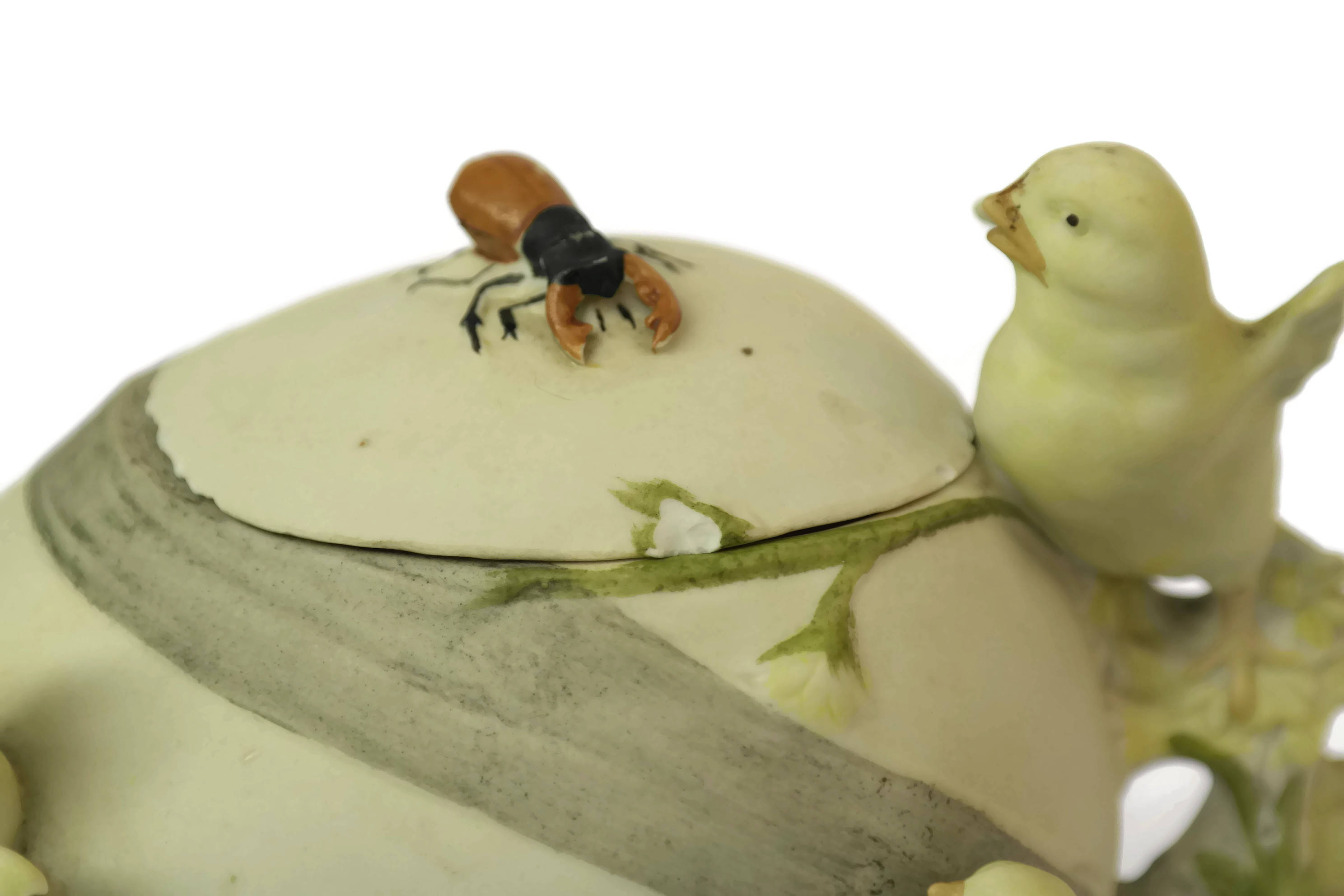 Porcelain Easter Egg Box with Chick Figures. Antique Bisque Trinket Box