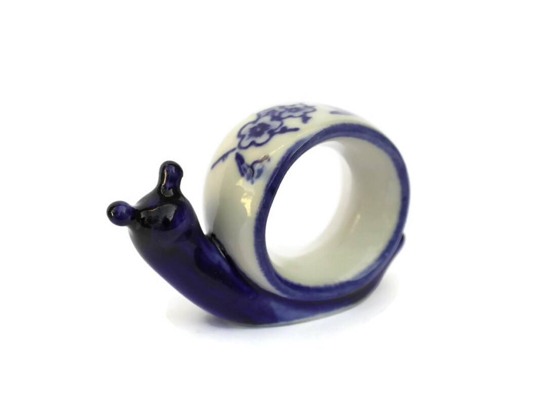 Vintage French Snails Figures Napkin Rings. Blue and White Ceramic