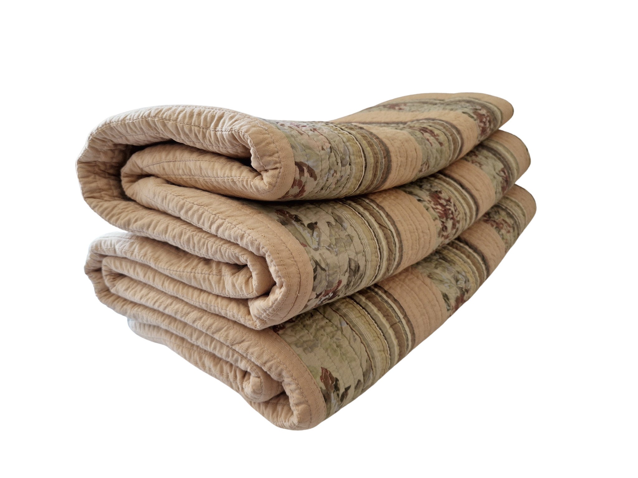 Vintage French Quilt with Rose and Stripe Printed Cotton, Shabby French