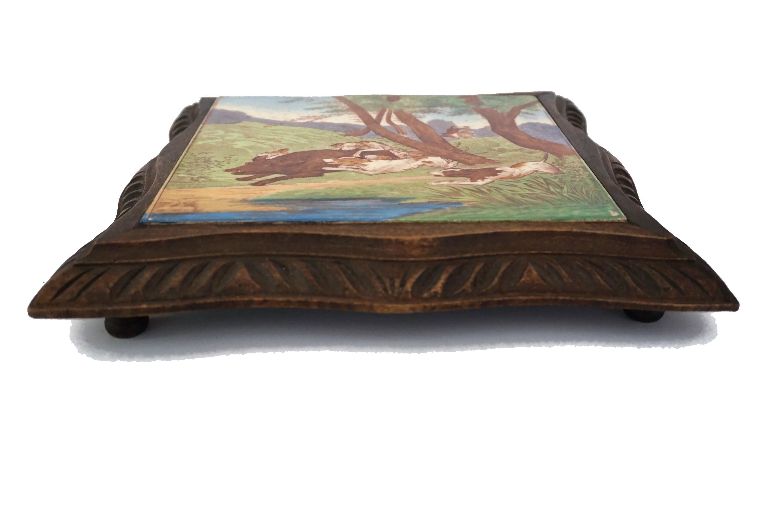 Antique Ceramic Tile Trivet with Hunting Scene and Carved Wood Stand