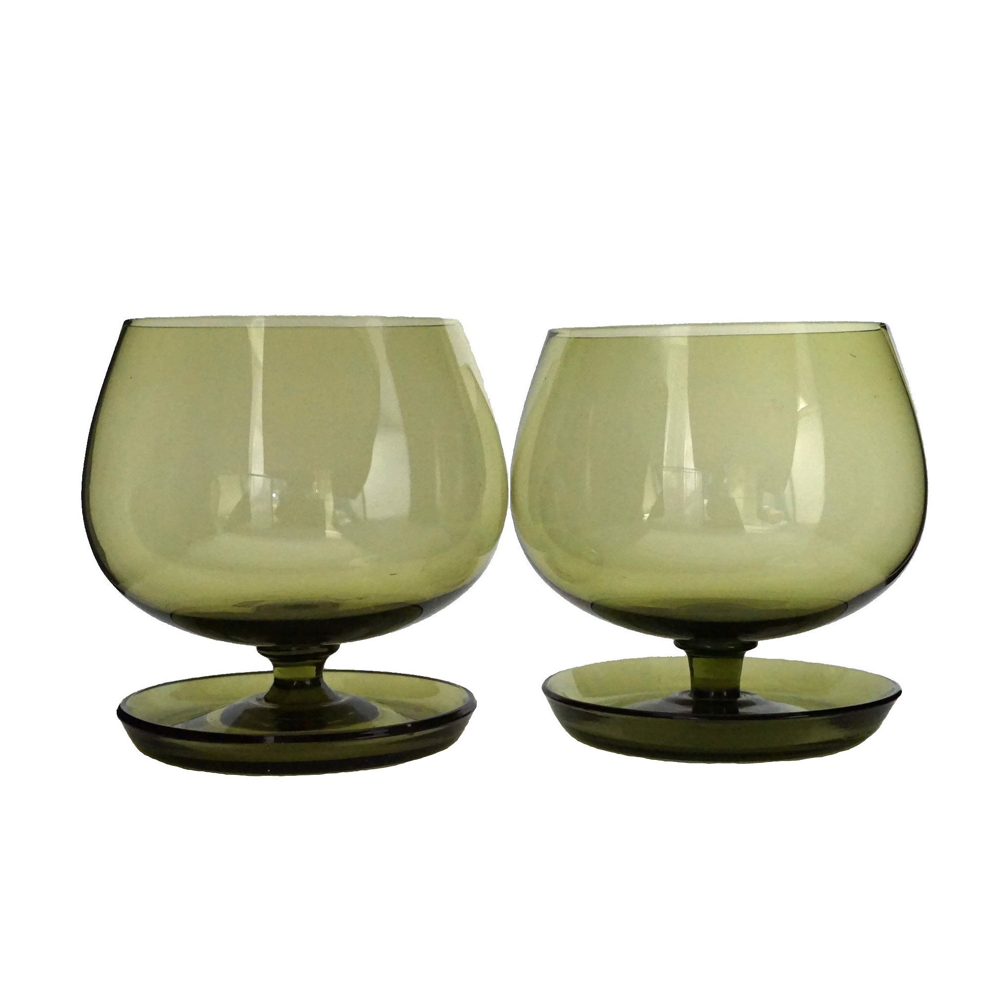 Green Crystal Brandy Snifter Glasses Pair, Mid Century Barware Set