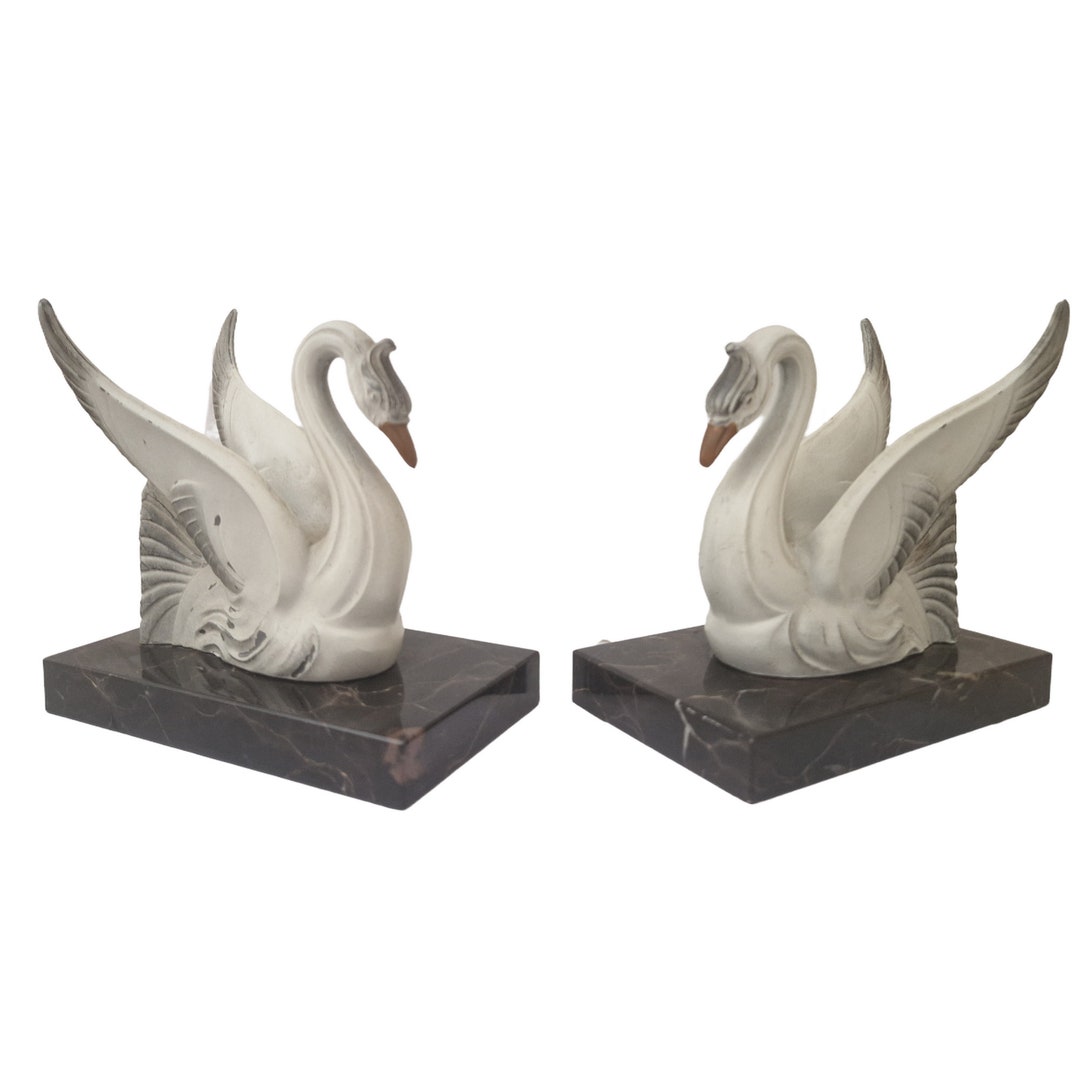 Art Deco Swan Figurine Bookends, French Vintage Office Decor, Pair of Bird Book Ends Etsy
