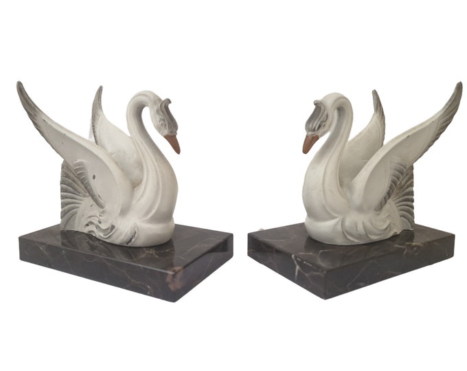 Art Deco Swan Figurine Bookends, French Vintage Office Decor, Pair of Bird Book Ends