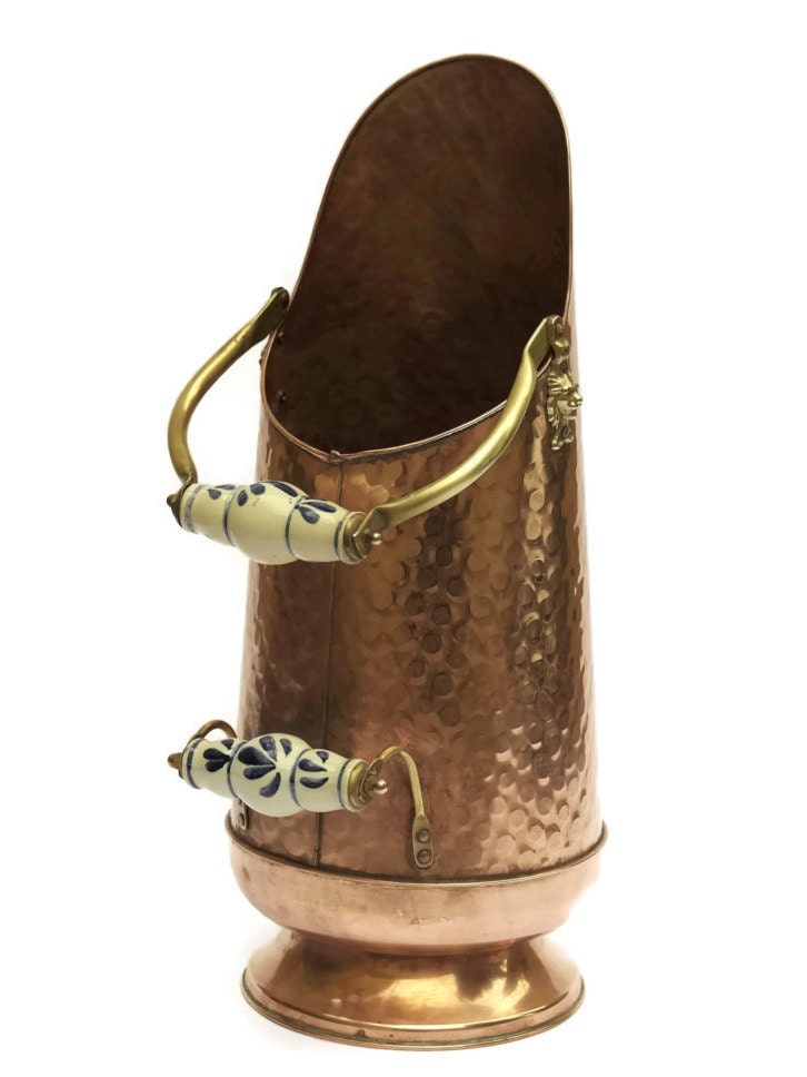 Vintage Copper Coal Scuttle Bucket with Delft Blue Ceramic Handles