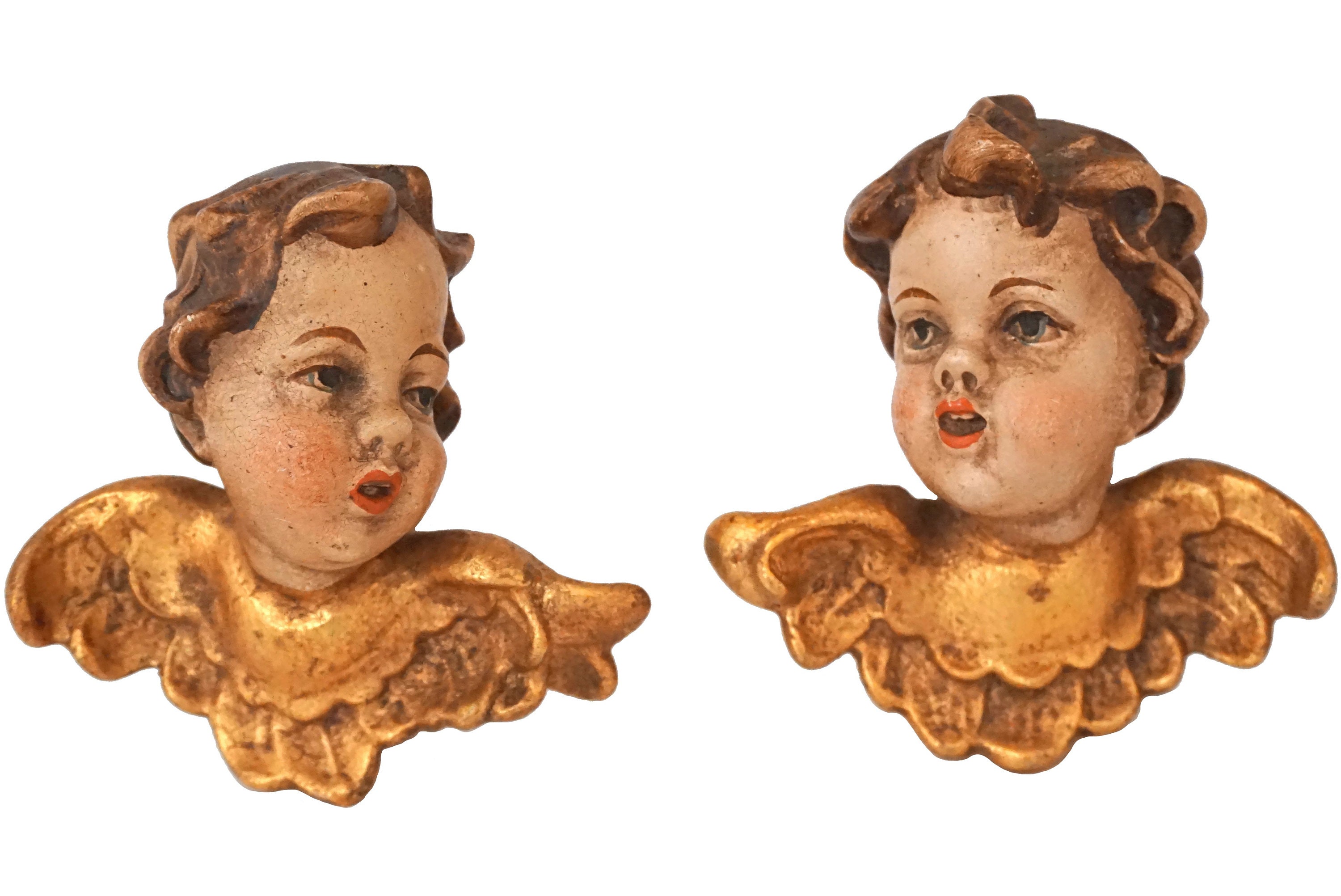 Hand Carved Cherub Putti Head Figurines, German Wooden Christmas Angel