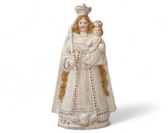 Statuette Vierge Marie ancienne en porcelaine, Notre Dame de Bonsecours, Vierge à l'Enfant Jésus