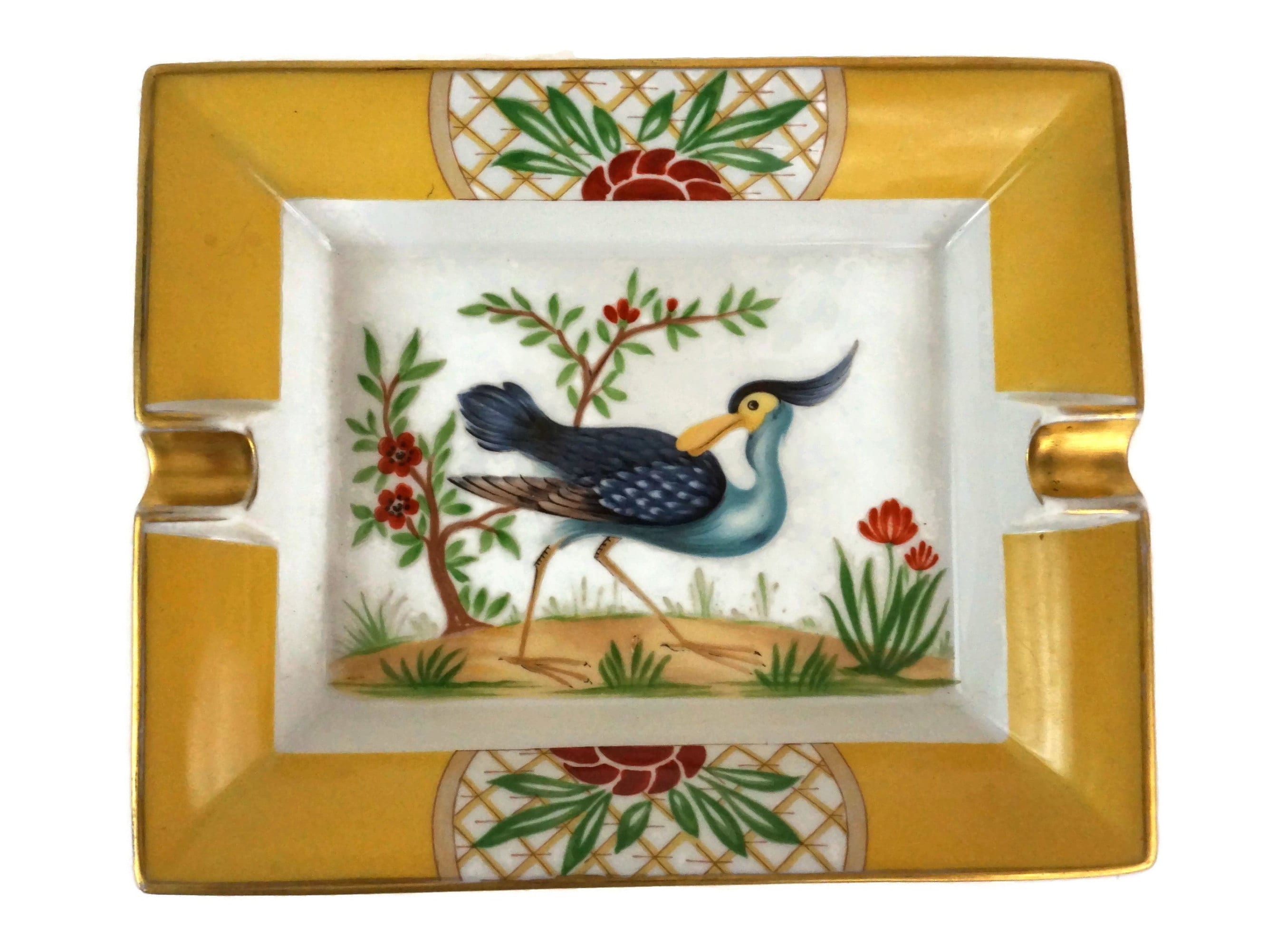Hermes Porcelain Exotic Bird Ashtray, Vintage French Change Dish