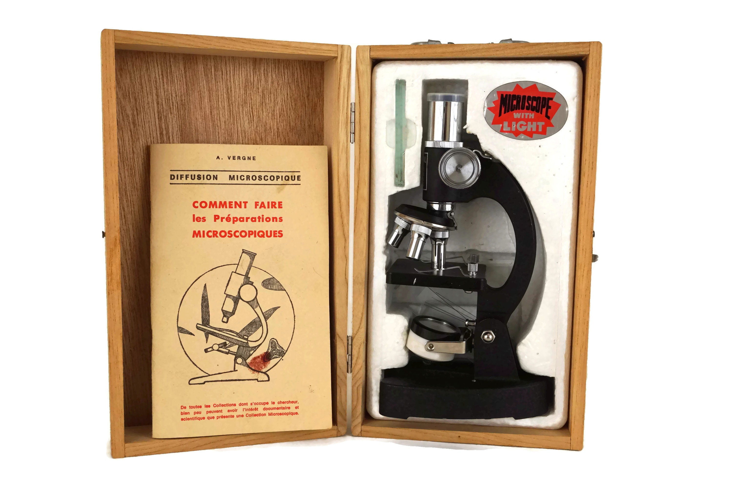 Vintage School Microscope with Lamp and Glass Slides, Educational Toy