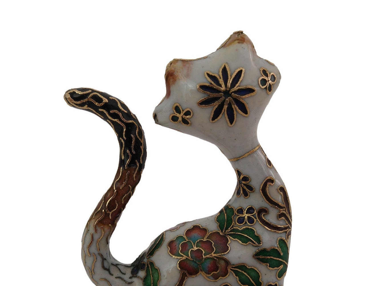 Vintage Chinese Cloisonne Cat Figurine, Collectible Enamel Brass Animal Figure