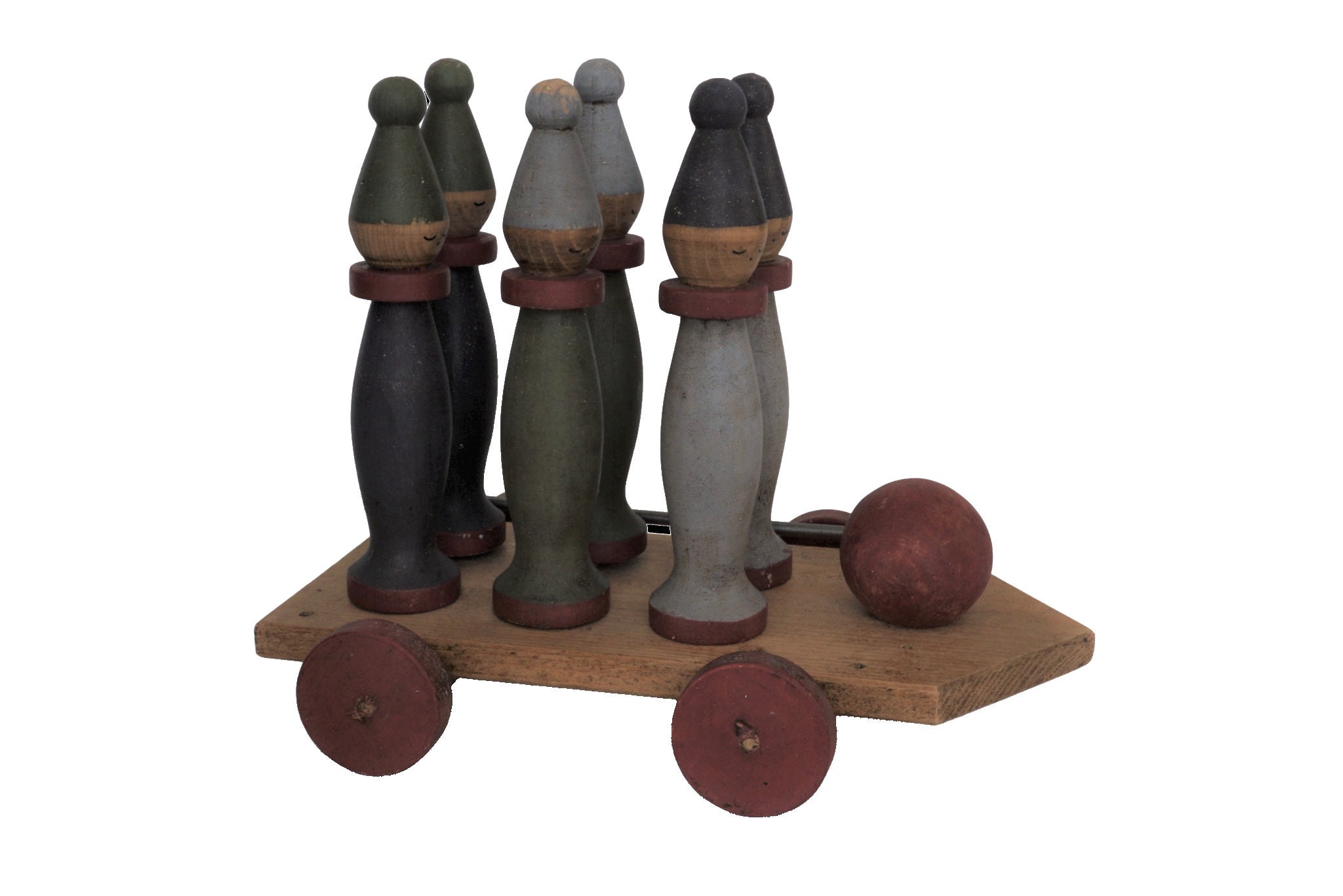 Wooden Clown Figurine Bowling Pins in Cart, Hand Painted French Skittle Toy