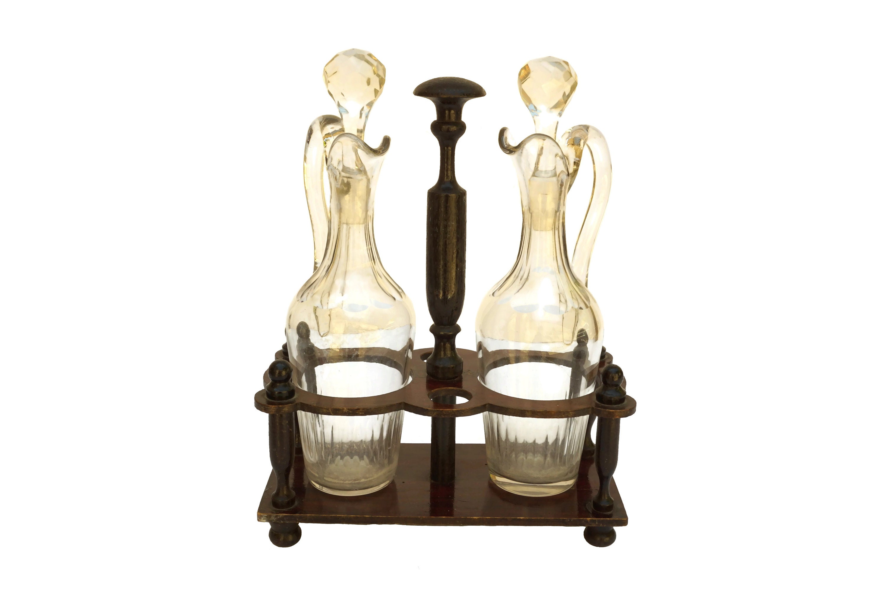 Antique Oil and Vinegar Set with Wooden Caddy, French Salad Dressing