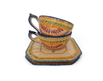 Henriot Quimper Pottery Tea Cup and Breakfast Plate Set, French Faience Tea Set with Breton Man and Woman, Gifts for Her