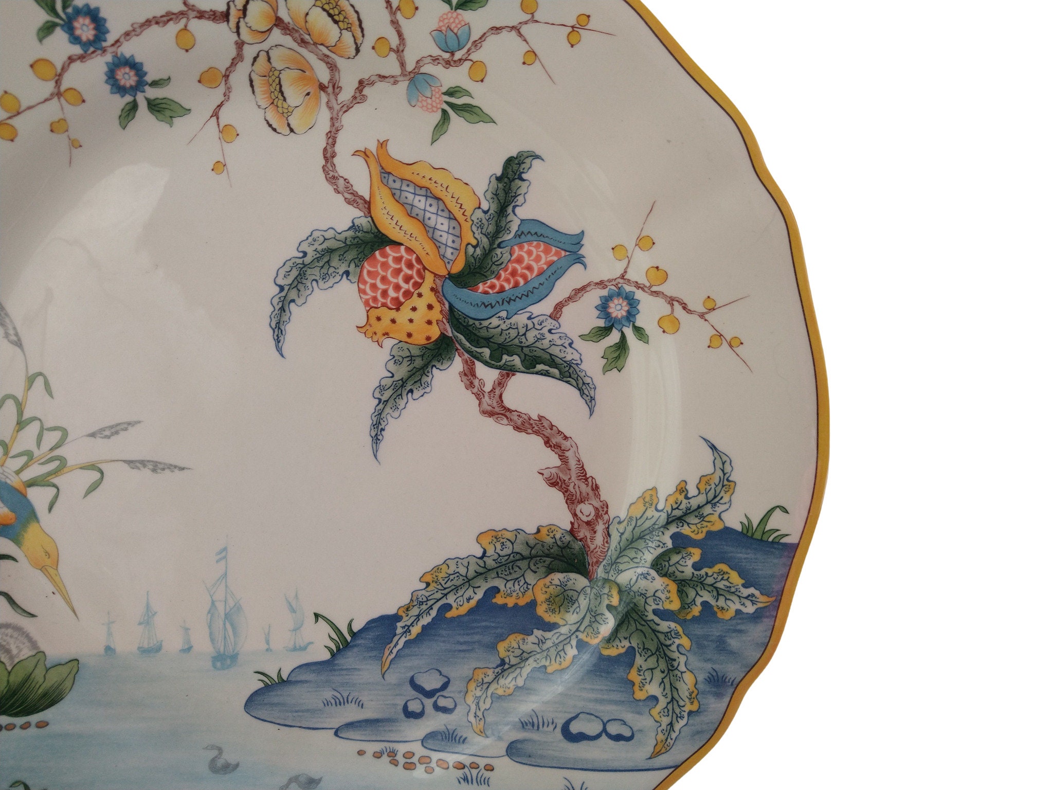 Vintage French Dinner Plate by Gien, Carabbean Pattern With Birds on
