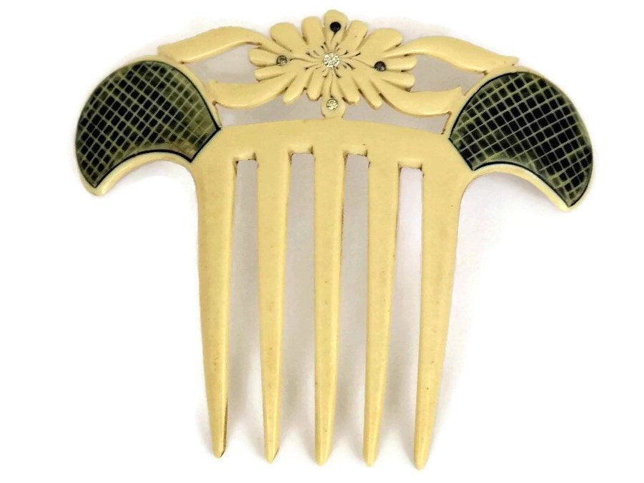 Antique Bone Hair Comb with Rhinestones. Mantilla Comb.