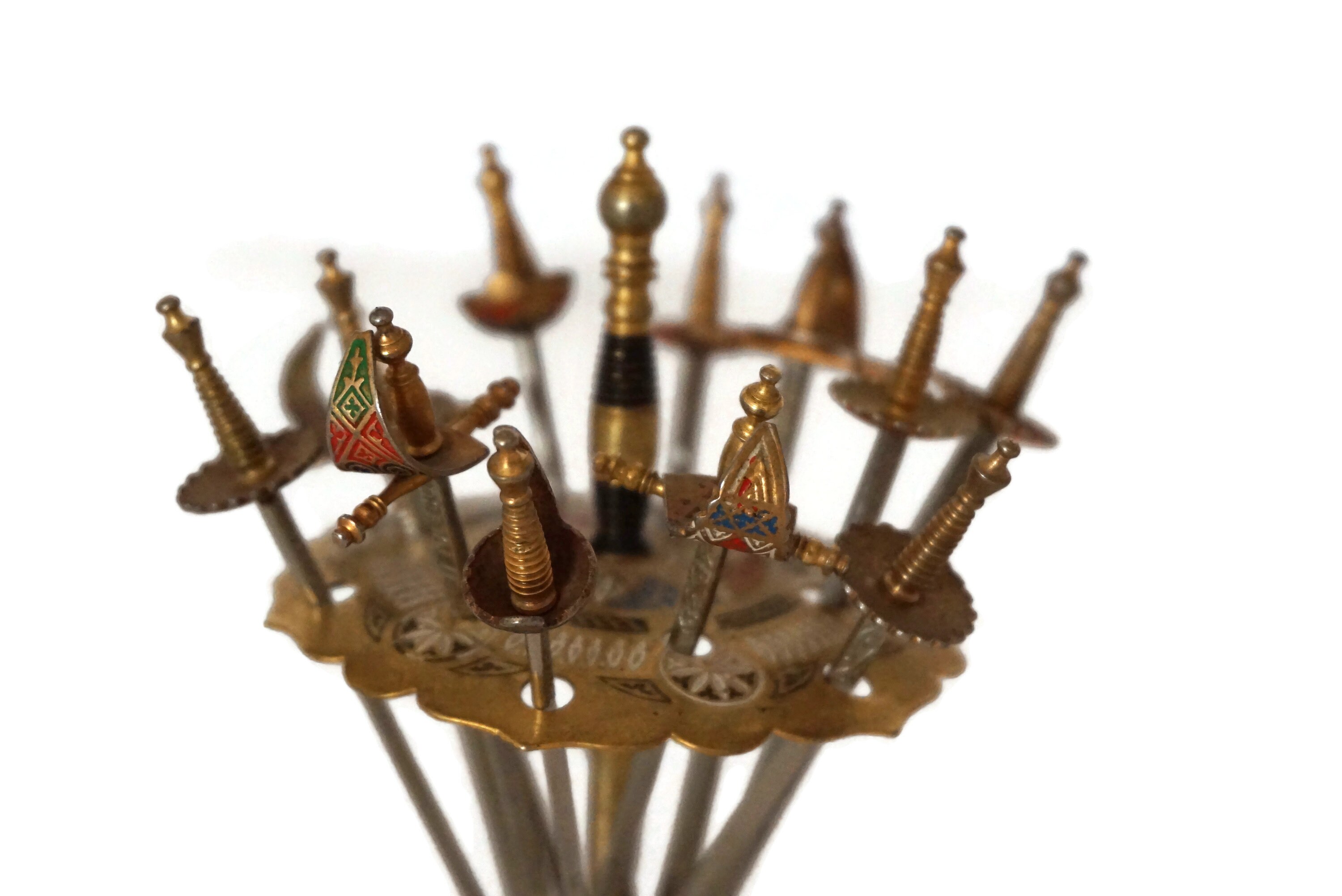 Vintage Brass Sword Cocktail Picks, Toledo Appetizer Sticks and Stand