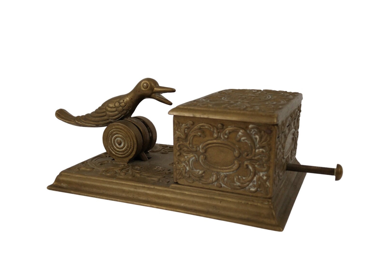 Vintage Brass Cigarette Dispenser Box with Mechanical Bird Figurine
