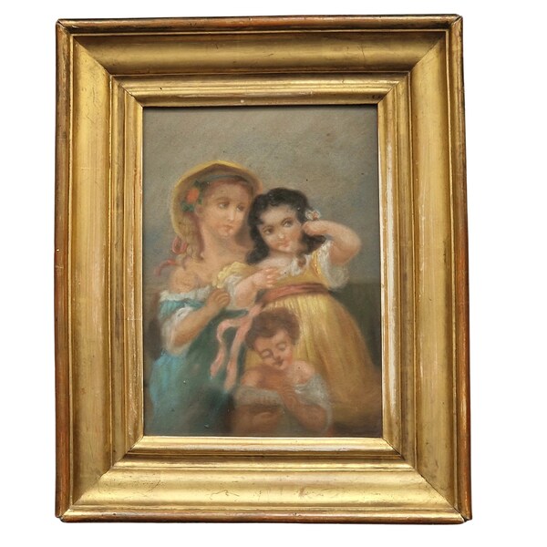 19ème siècle Enfants Portrait Huile Pastel Dessin, Antique Français 3 Victorian Sisters Family Wall Art