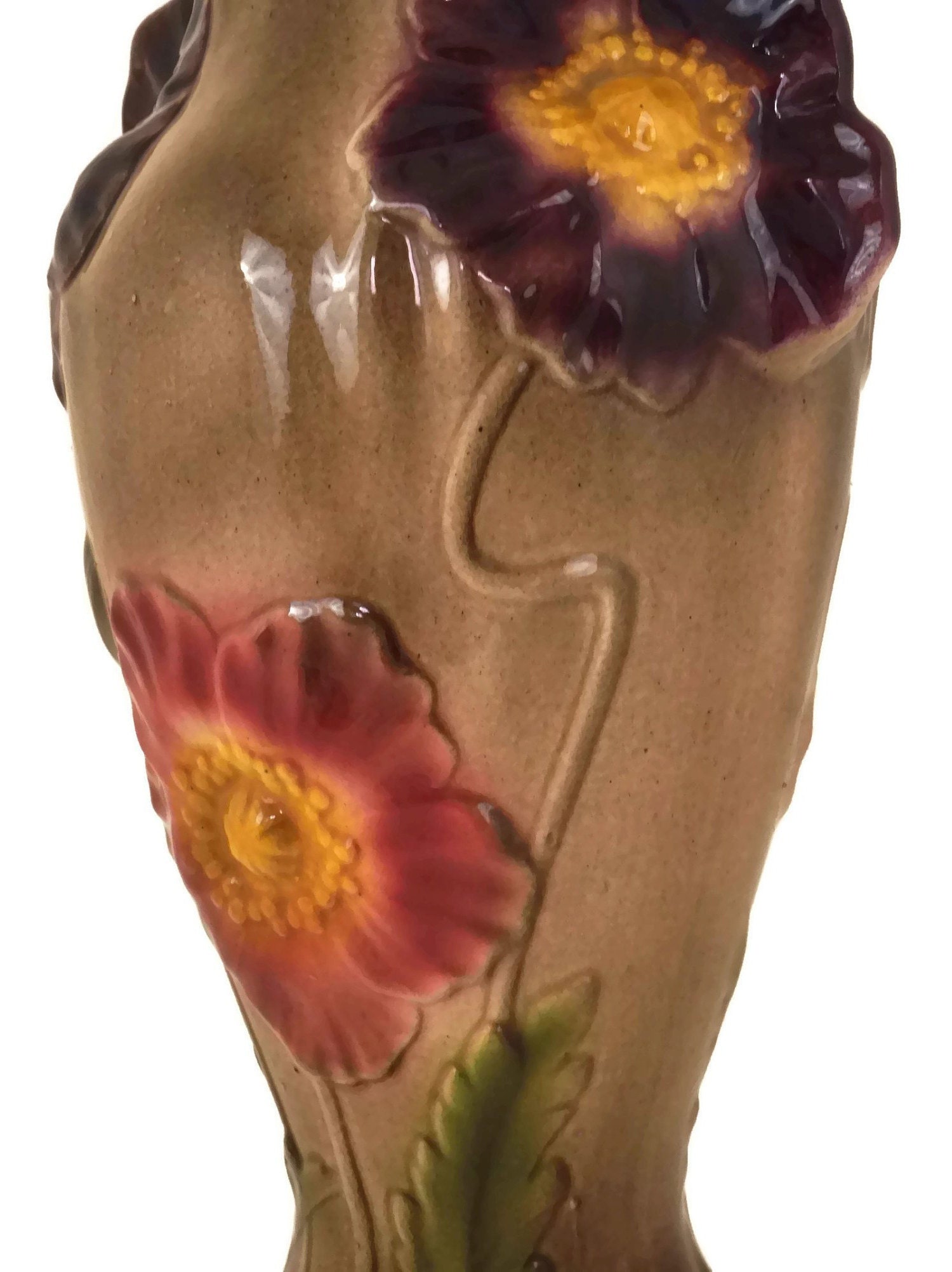 Art Nouveau Majolica Vase with Poppy Flowers, Antique French St Amand