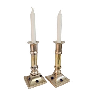 French Brass and Silver Plate Candle Holder Pair with Sapphire Blue Glass Cabochons image 1