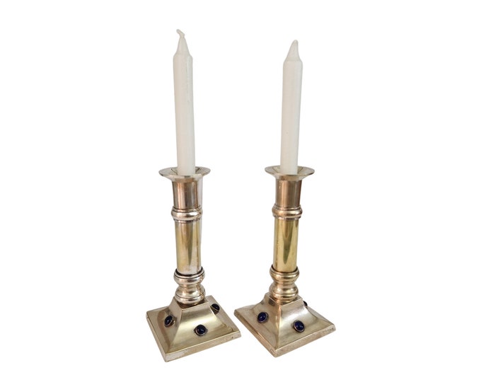 French Brass and Silver Plate Candle Holder Pair with Sapphire Blue Glass Cabochons