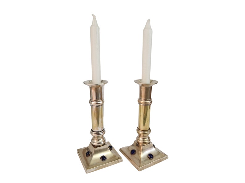 French Brass and Silver Plate Candle Holder Pair with Sapphire Blue Glass Cabochons image 1