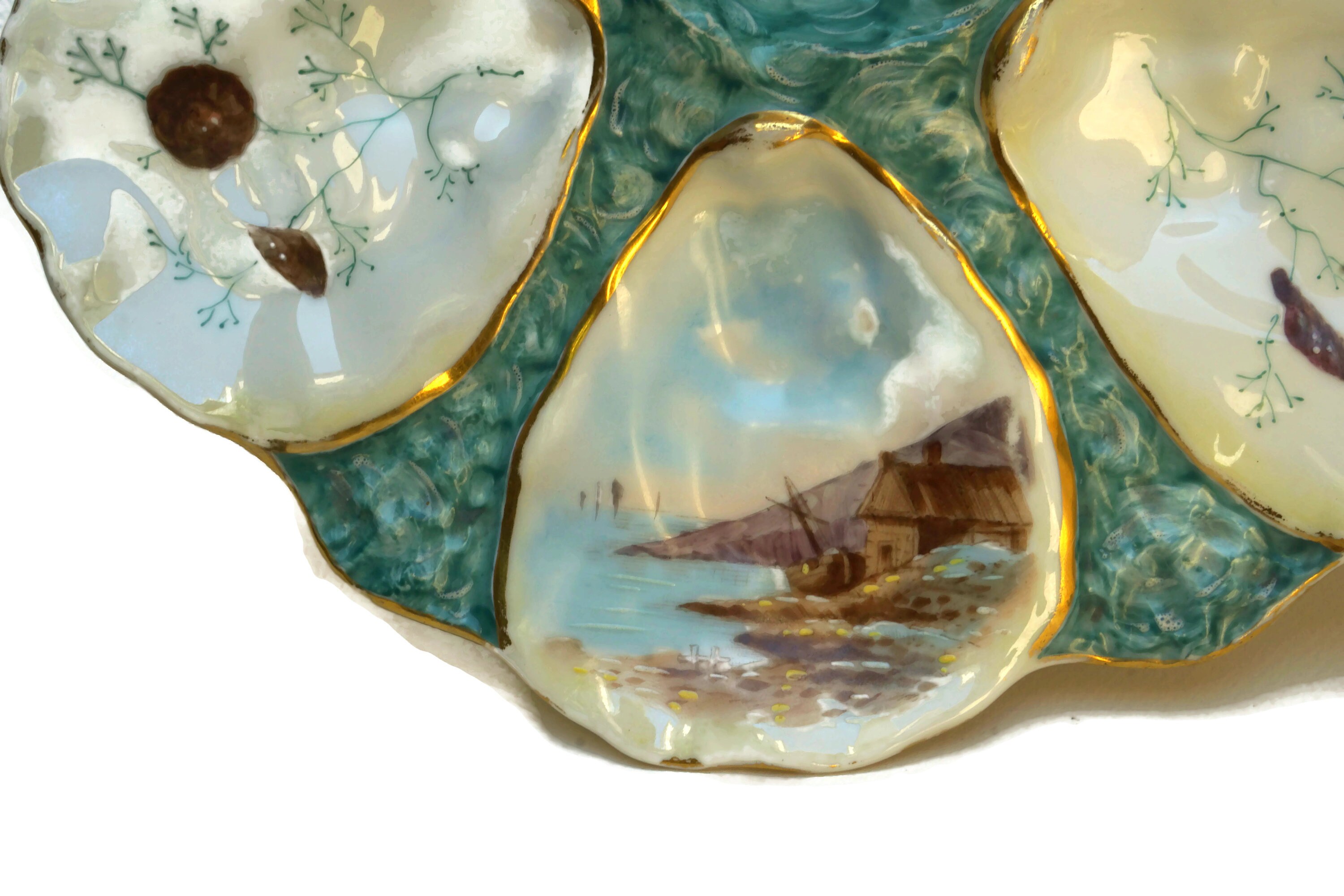 Antique Porcelain Oyster Plate with Hand Painted French Coastal Decor