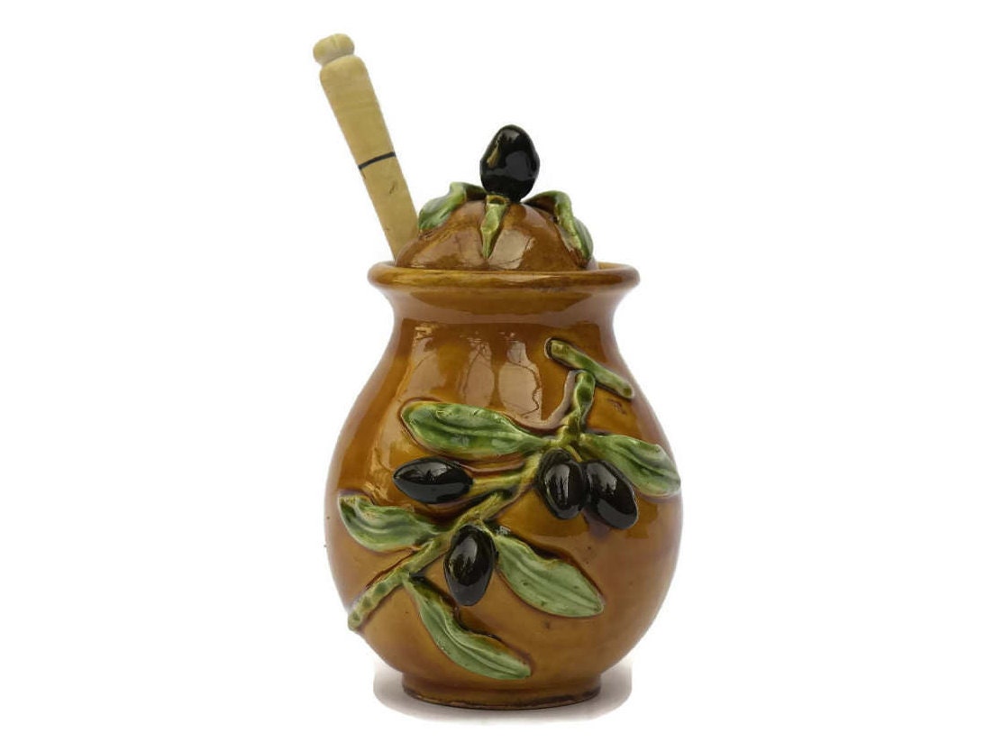 French Olive Jar with Olive Ladle. Wooden Olive Spoon with Glazed
