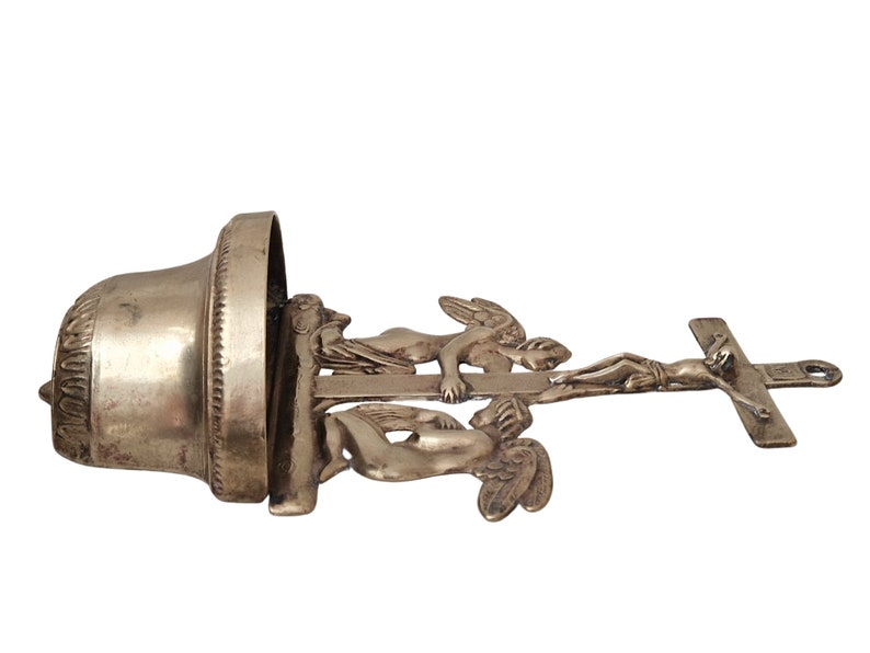 Vintage Brass Holy Water Font with Angels and Crucifix Wall Hanging image 4