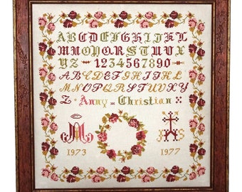 French Embroidery Cross Stitch Sampler, Framed Needlework with Alphabet and Flowers