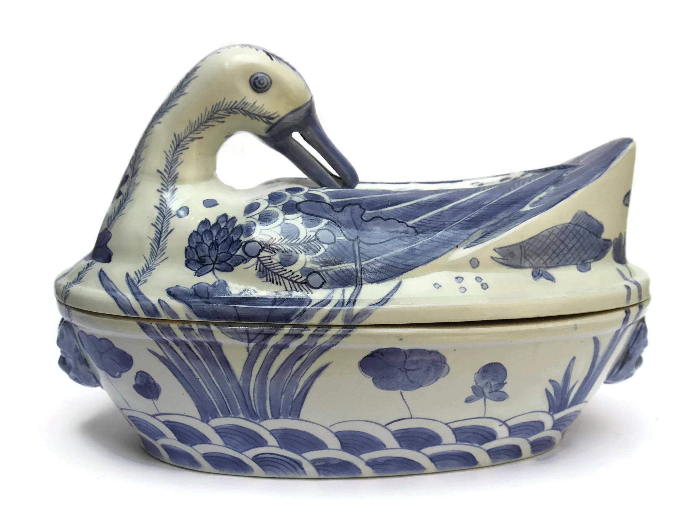 Mid Century Blue and White Chinese Export Porcelain Duck Tureen.